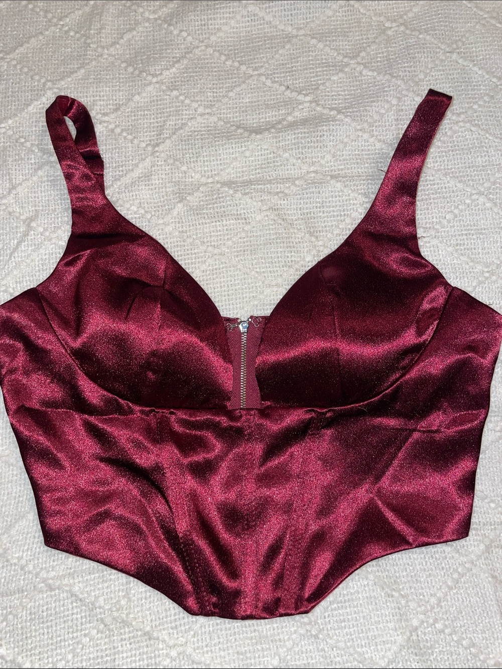 Women's Satin Burgundy Bandeau Bustier with Front Zip Closure